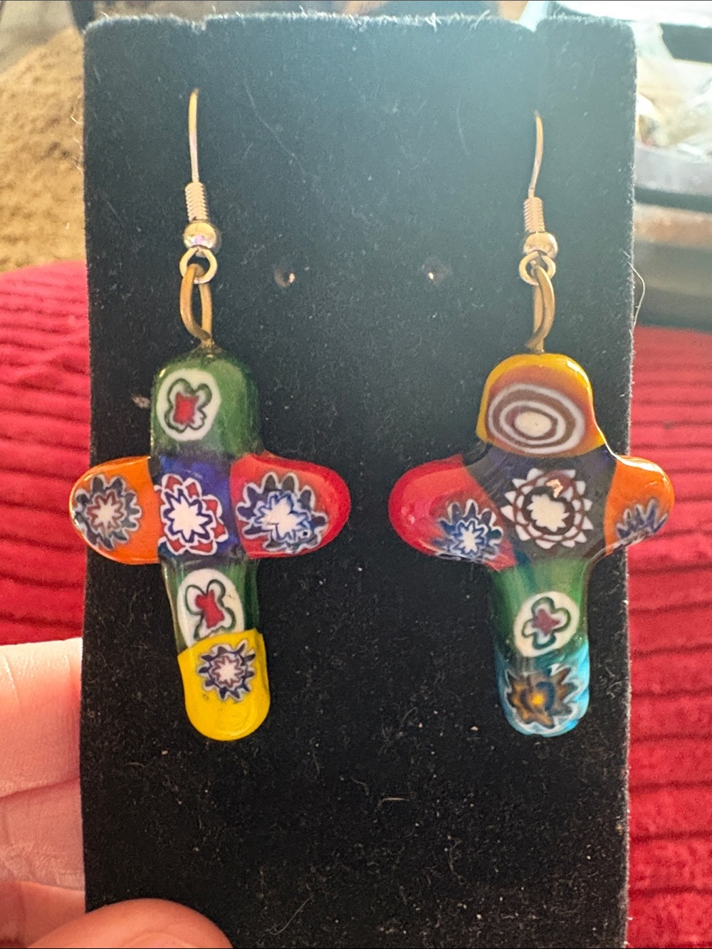 Colorful Millefiori Cross Dangle Earrings - Multicolor